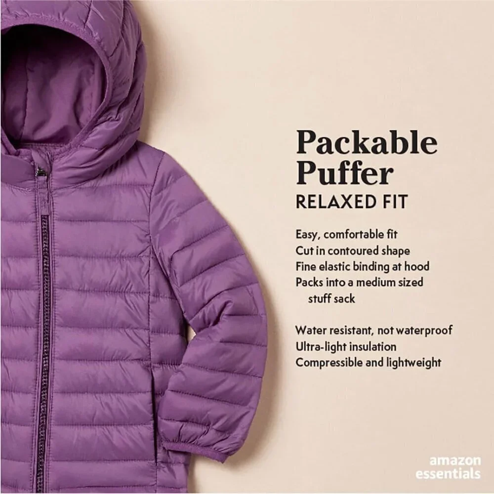🆕Girls Black Stars Lightweight Water Resistant Hooded Puffer Jacket Winter Coat